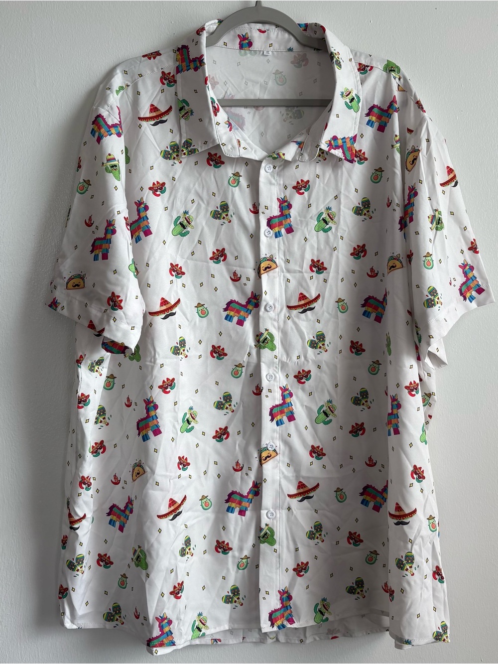 Men’s 3XL White Mexican Fiesta Graphic Print Woven Stretch Button-Up Shirt